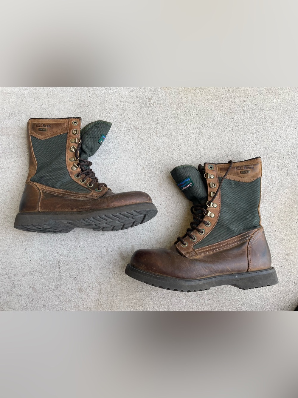 LL Bean Mens Brown Leather Green Canvas Hunting Boots 8 Wide Gorpcore Utility